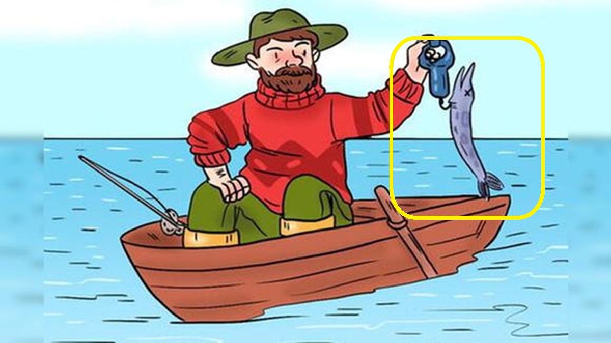 Solução do desafio visual com uma ilustração de pescador barbudo em um barco, pesando um peixe agulha com uma balança