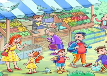 Desafio visual com uma ilustração colorida de uma feira livre com diversas pessoas interagindo entre frutas e verduras.