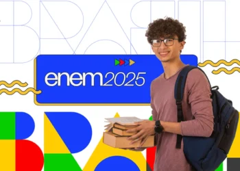 Imagem promocional do ENEM 2025, destacando um estudante sorridente com livros e uma mochila, com o logo do ENEM em destaque.