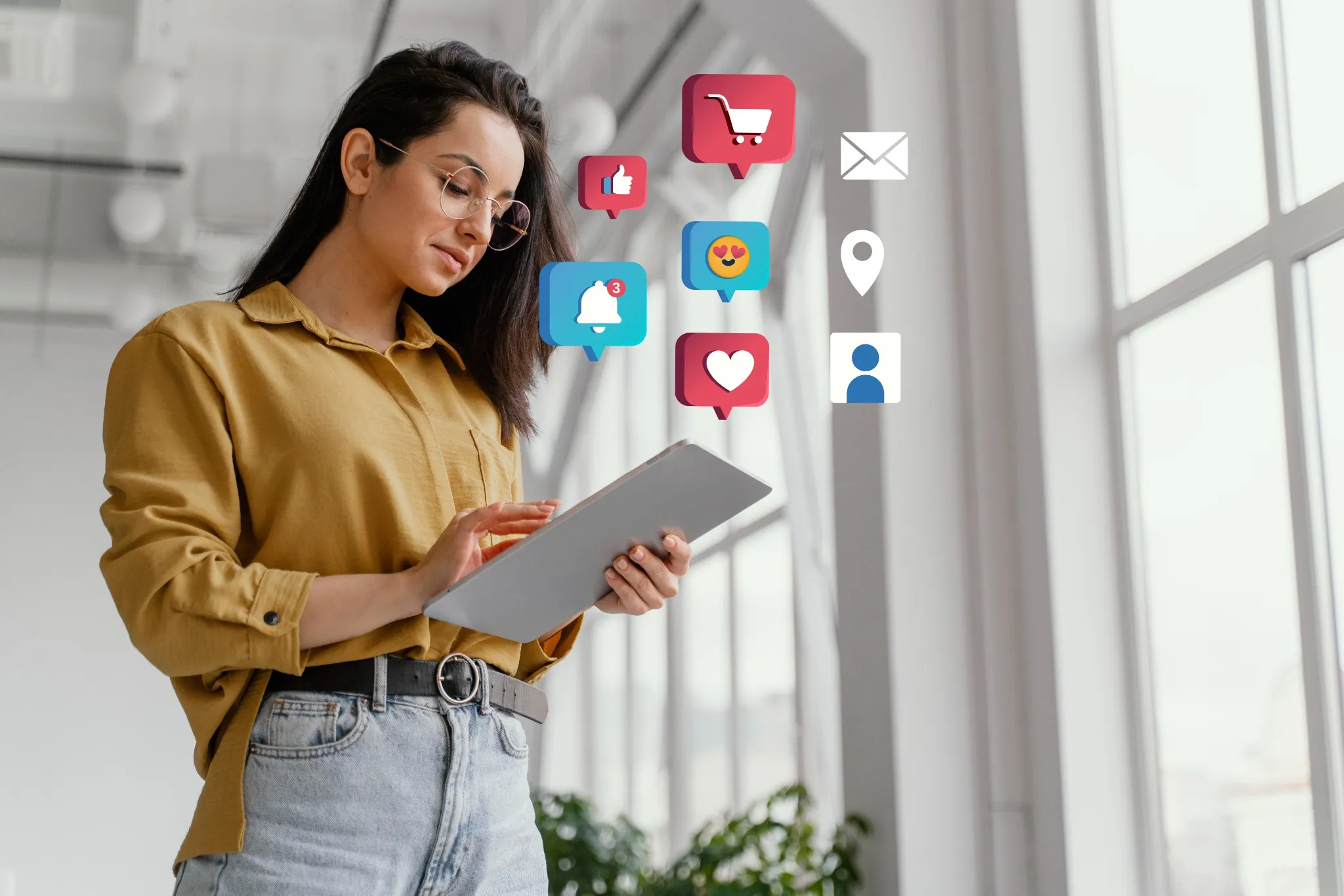 Mulher usando tablet enquanto interage com ícones de redes sociais e notificações.