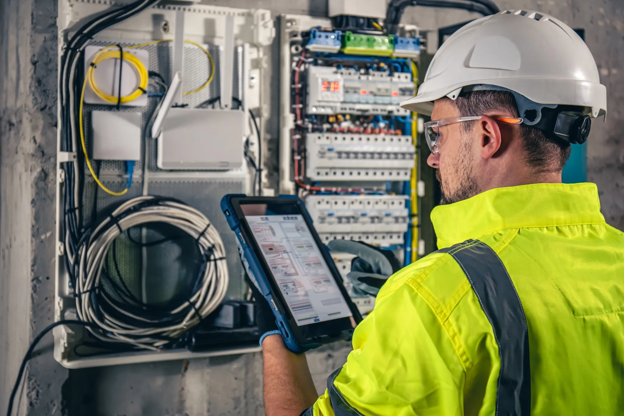Técnico eletricista inspeciona painel elétrico com auxílio de tablet.
