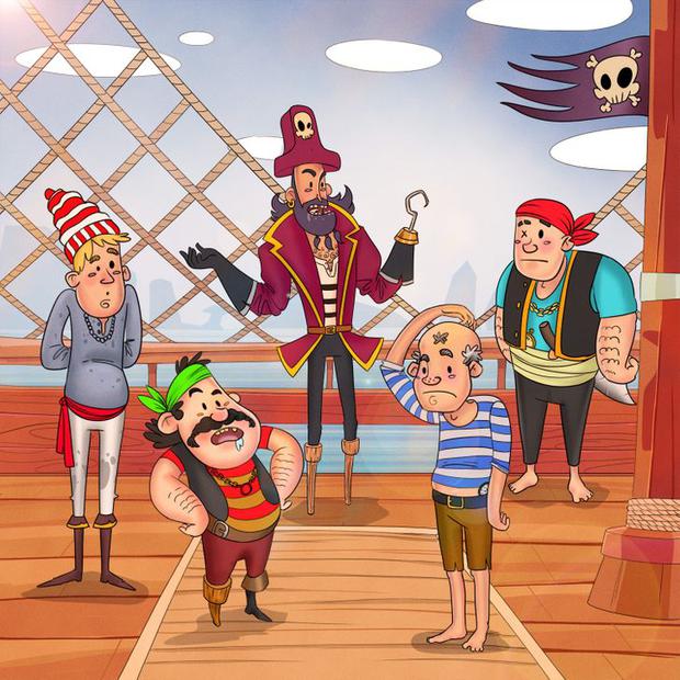 Teste de QI com piratas animados conversando no convés de um navio em ilustração colorida