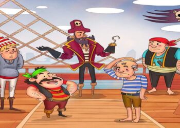 Teste de QI com piratas animados conversando no convés de um navio em ilustração colorida