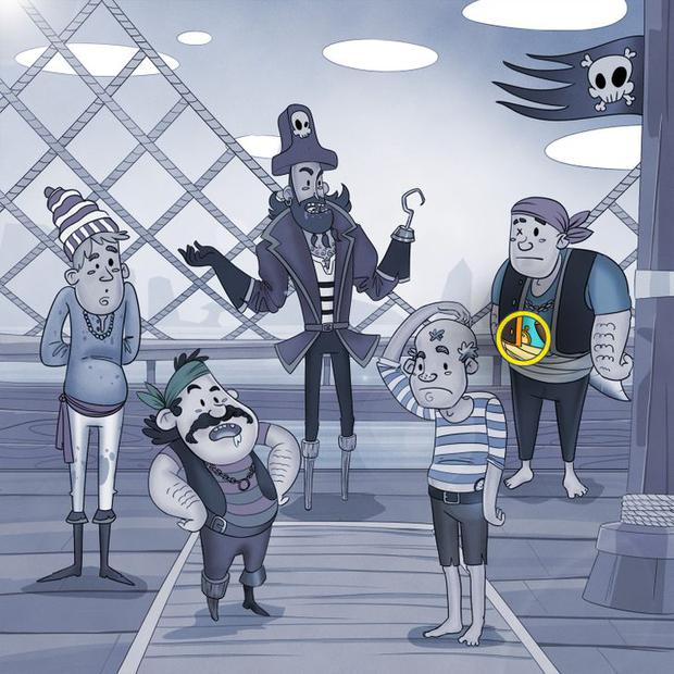 Teste de QI com piratas animados conversando no convés de um navio em ilustração colorida