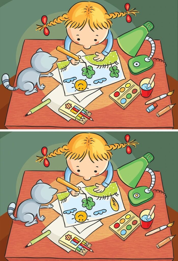 Teste de QI com duas versões de uma ilustração infantil com menina desenhando, com cinco diferenças sutis entre as imagens.