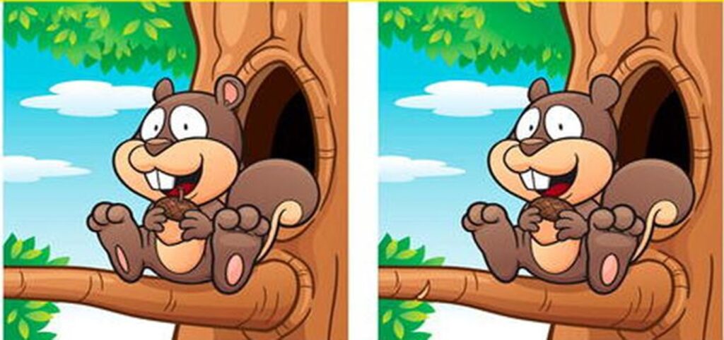 Teste de QI com duas ilustrações de um esquilo, destacando cinco diferenças entre as duas imagens