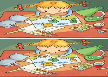 Teste de QI com duas versões de uma ilustração infantil com menina desenhando, com cinco diferenças sutis entre as imagens.