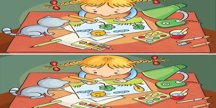 Teste de QI com duas versões de uma ilustração infantil com menina desenhando, com cinco diferenças sutis entre as imagens.