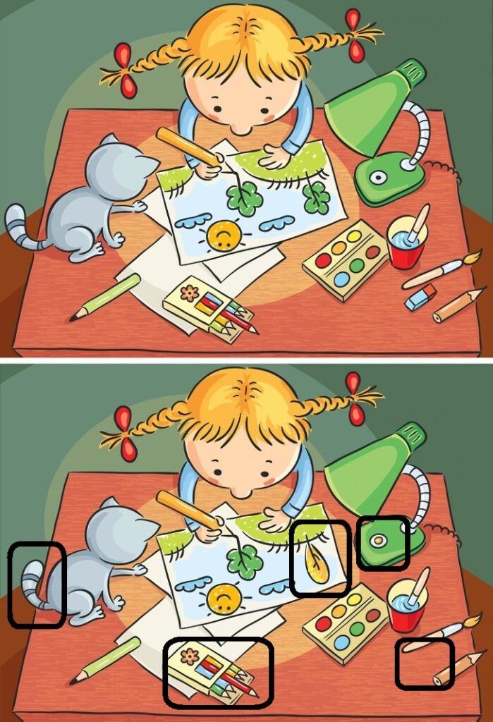 Teste de QI com duas versões de uma ilustração infantil com menina desenhando, com cinco diferenças sutis entre as imagens.