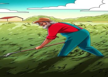 Teste de QI com um homem idoso trabalhando no campo com um rosto escondido.