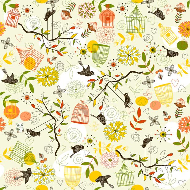 Teste de QI com uma ilustração colorida com padrão de pássaros, gaiolas, flores e galhos em tons suaves