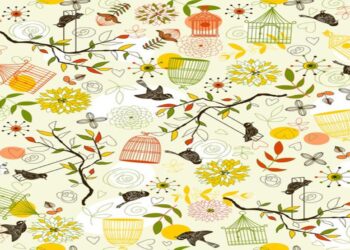 Teste de QI com uma ilustração colorida com padrão de pássaros, gaiolas, flores e galhos em tons suaves