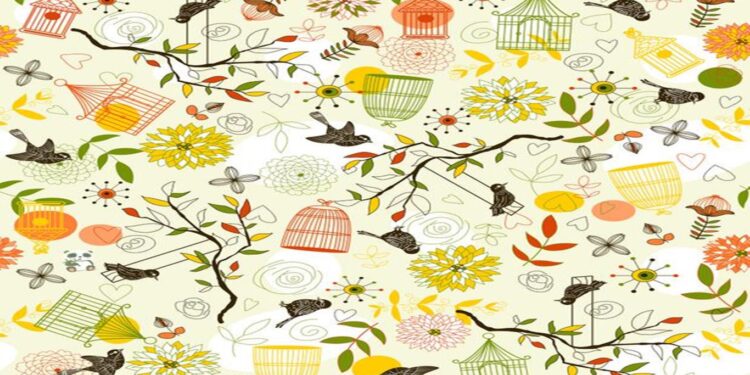 Teste de QI com uma ilustração colorida com padrão de pássaros, gaiolas, flores e galhos em tons suaves