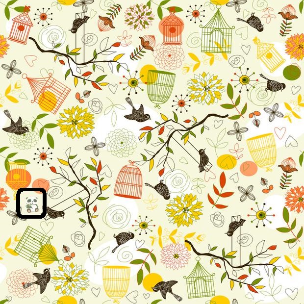 Solução do teste de QI com uma ilustração colorida com padrão de pássaros, gaiolas, flores e galhos em tons suaves