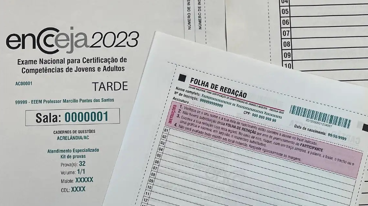Documento do Encceja de 2023 com informações de sala e folha de redação.