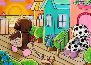 Ilustração colorida de dois cachorrinhos passeando e curtindo o pôr do sol em uma rua.