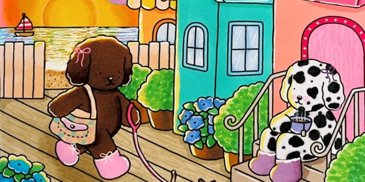 Ilustração colorida de dois cachorrinhos passeando e curtindo o pôr do sol em uma rua.