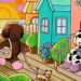 Ilustração colorida de dois cachorrinhos passeando e curtindo o pôr do sol em uma rua.
