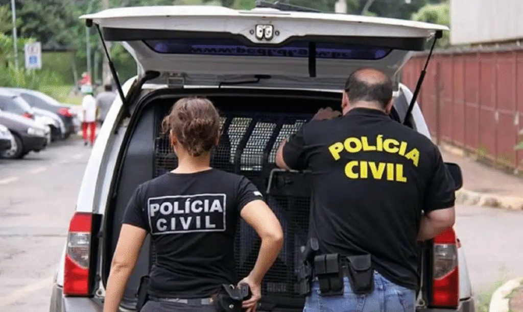 Agentes da Polícia Civil trabalhando em operação, perto de um carro de polícia.