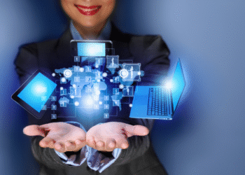 Imagem ilustrando as profissões do setor de tecnologia, com dispositivos eletrônicos e conexões digitais em destaque.