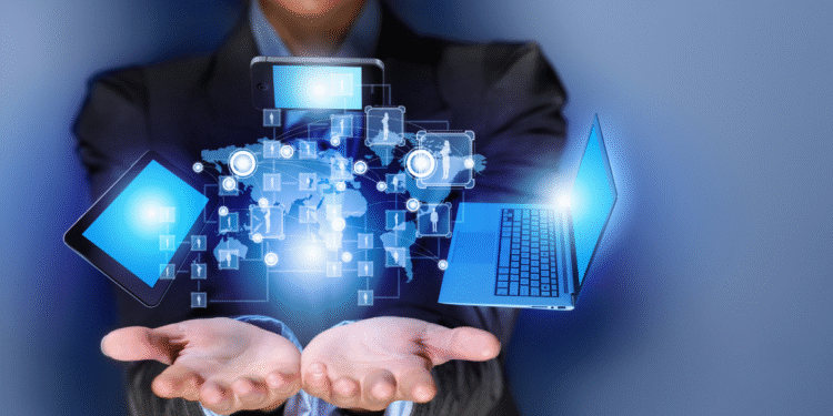 Imagem ilustrando as profissões do setor de tecnologia, com dispositivos eletrônicos e conexões digitais em destaque.