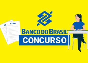 Imagem de concurso Banco do Brasil com provas e logo em fundo amarelo.