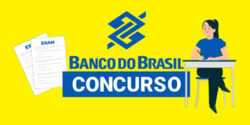 Imagem de concurso Banco do Brasil com provas e logo em fundo amarelo.