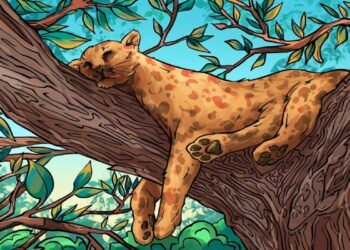 Desafio visual com uma onça pintada descansando sobre um galho de árvore com folhas verdes.