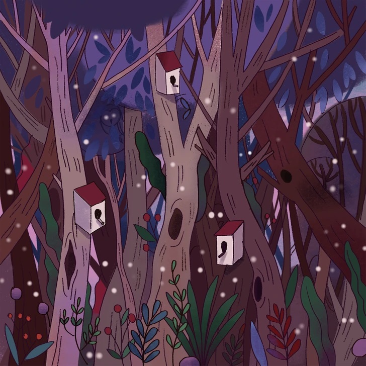 Desafio visual com uma floresta ilustrada ao entardecer com casas de passarinhos e uma coruja camuflada entre as árvores