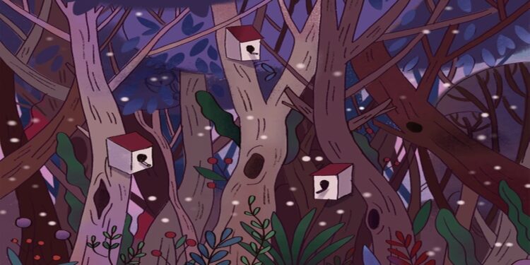 Desafio visual com uma floresta ilustrada ao entardecer com casas de passarinhos e uma coruja camuflada entre as árvores