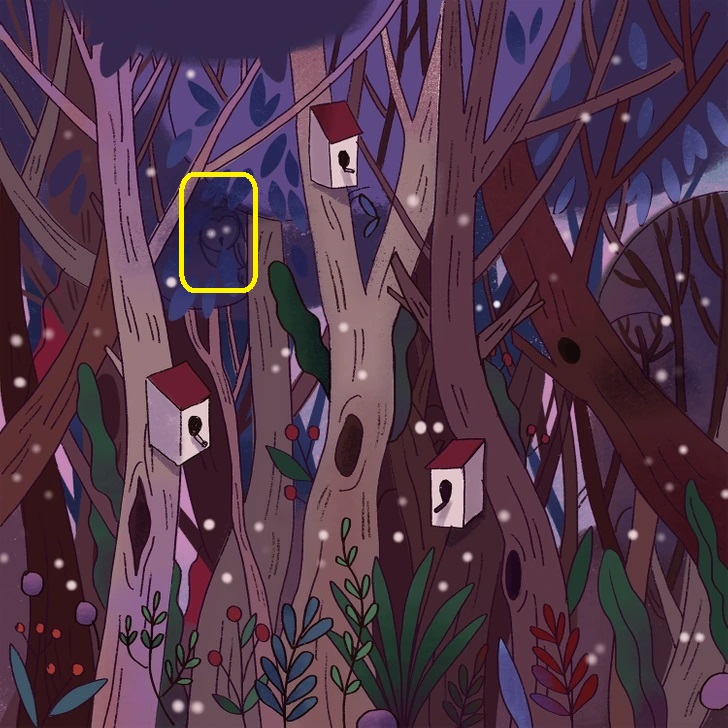Desafio visual com uma floresta ilustrada ao entardecer com casas de passarinhos e uma coruja camuflada entre as árvores