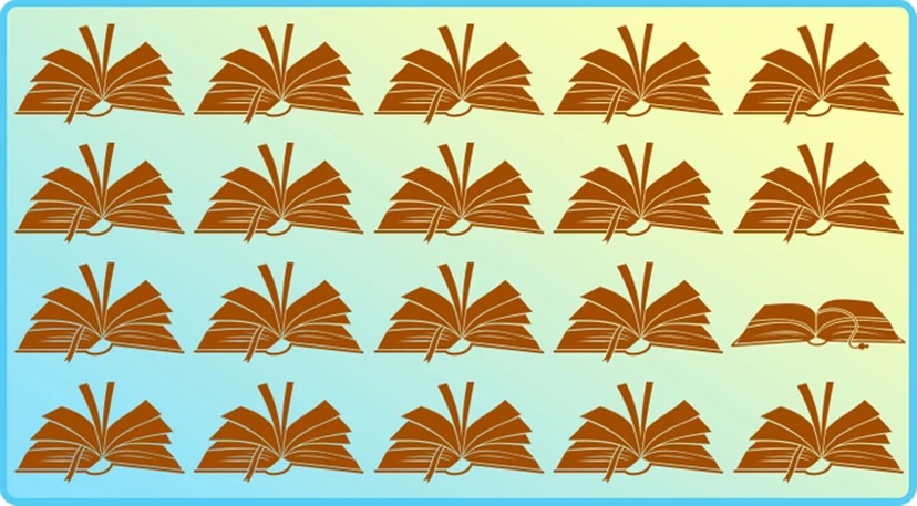 Desafio visual com vários livros abertos iguais, exceto um diferente no canto inferior direito