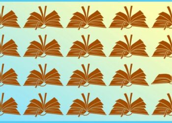 Desafio visual com vários livros abertos iguais, exceto um diferente no canto inferior direito