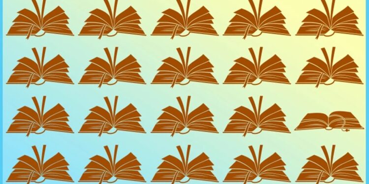 Desafio visual com vários livros abertos iguais, exceto um diferente no canto inferior direito