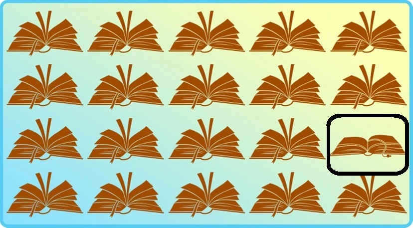 Desafio visual com vários livros abertos iguais, exceto um diferente no canto inferior direito