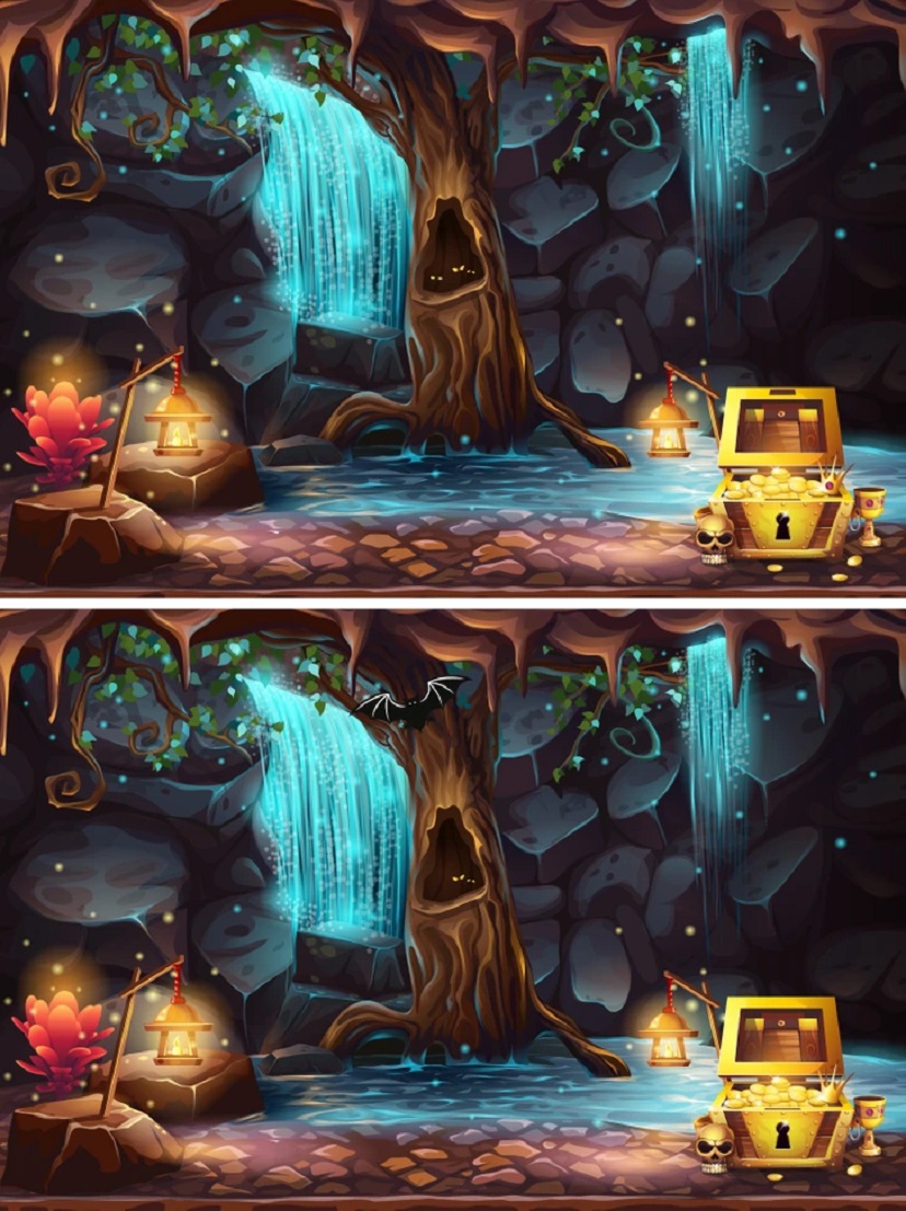 Desafio visual com ilustração de uma caverna com uma árvore, fonte de água e um baú do tesouro, mostrando duas imagens quase idênticas com diferenças sutis a serem encontradas.