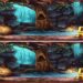 Desafio visual com ilustração de uma caverna com uma árvore, fonte de água e um baú do tesouro, mostrando duas imagens quase idênticas com diferenças sutis a serem encontradas.