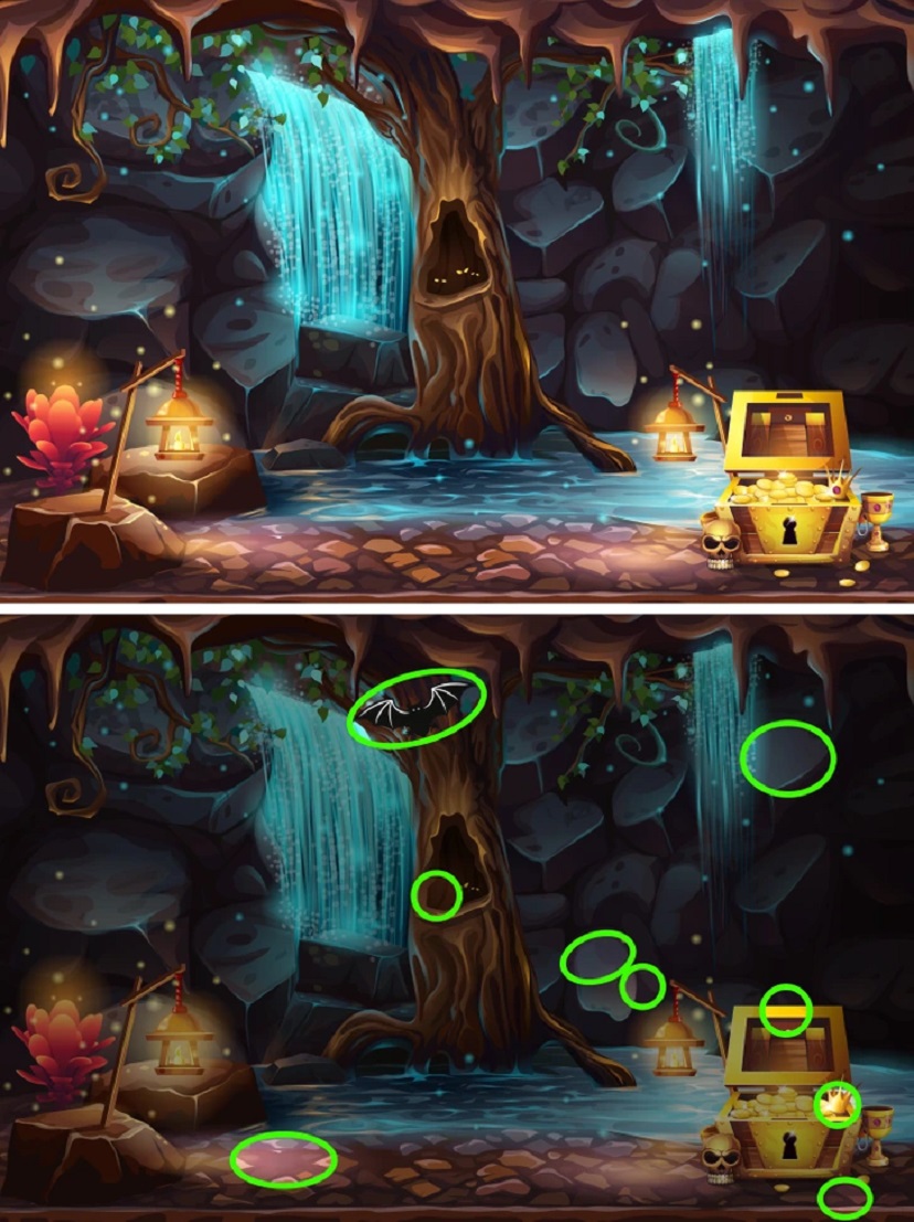 Desafio visual com ilustração de uma caverna com uma árvore, fonte de água e um baú do tesouro, mostrando duas imagens quase idênticas com diferenças sutis a serem encontradas.