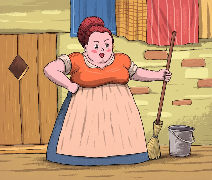 Desafio visual com um mulher segurando uma vassoura em frente a uma parede com panos coloridos e um gato escondido