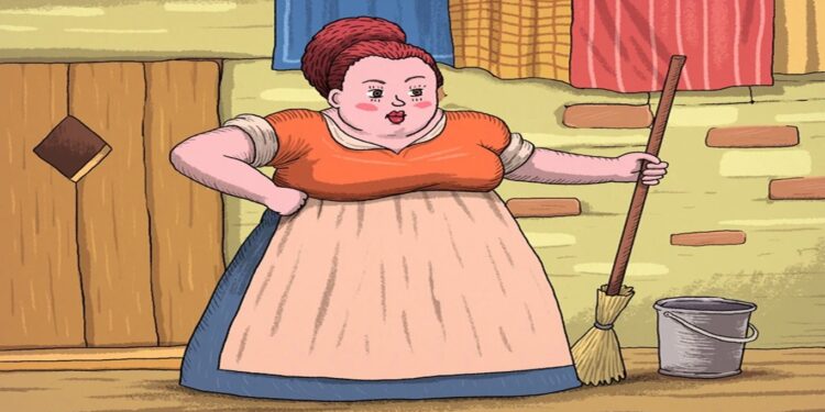 Desafio visual com um mulher segurando uma vassoura em frente a uma parede com panos coloridos e um gato escondido