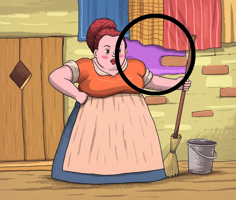 Desafio visual com um mulher segurando uma vassoura em frente a uma parede com panos coloridos e um gato escondido