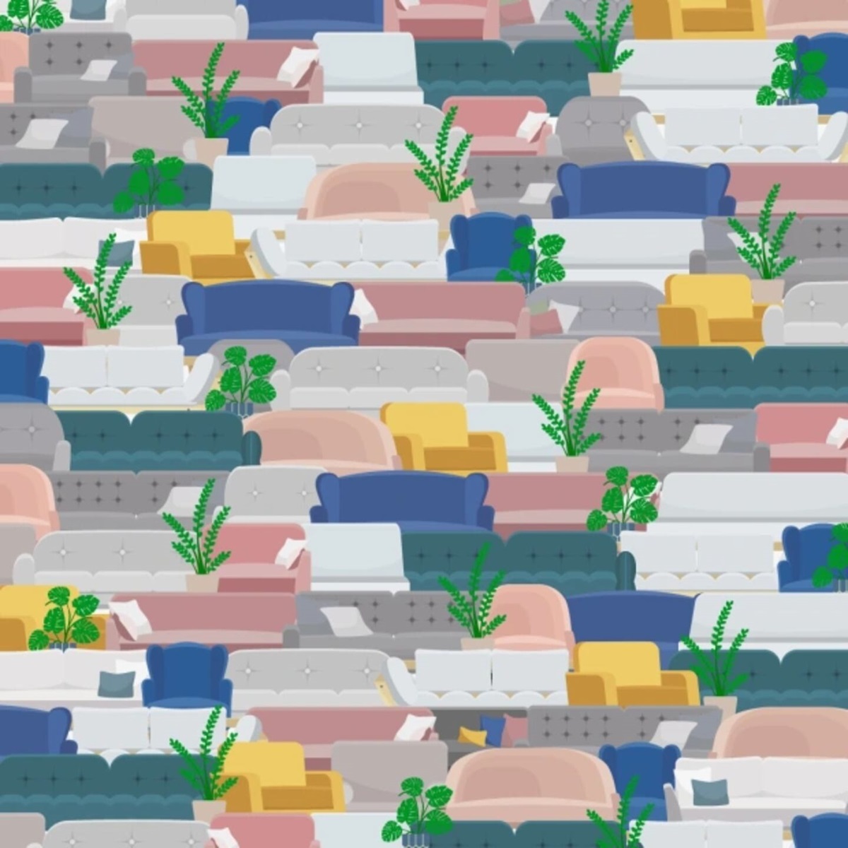 Desafio visual com vários sofás coloridos e plantas, com um sofá diferente escondido entre os demais.