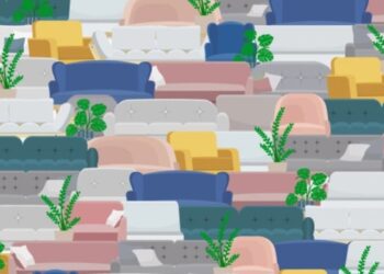 Desafio visual com vários sofás coloridos e plantas, com um sofá diferente escondido entre os demais.