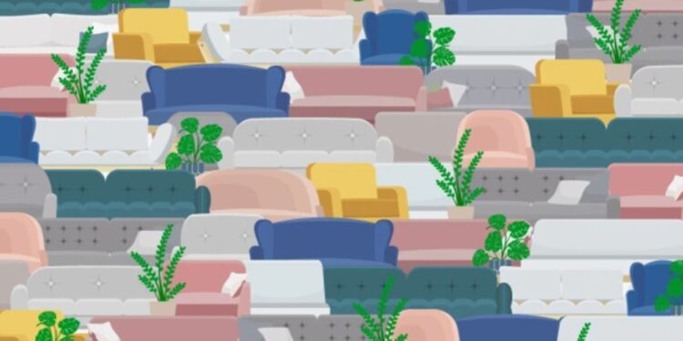 Desafio visual com vários sofás coloridos e plantas, com um sofá diferente escondido entre os demais.