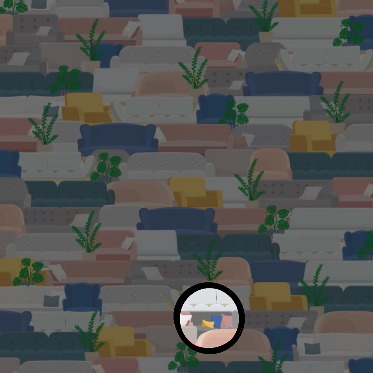 Desafio visual com vários sofás coloridos e plantas, com um sofá diferente escondido entre os demais.