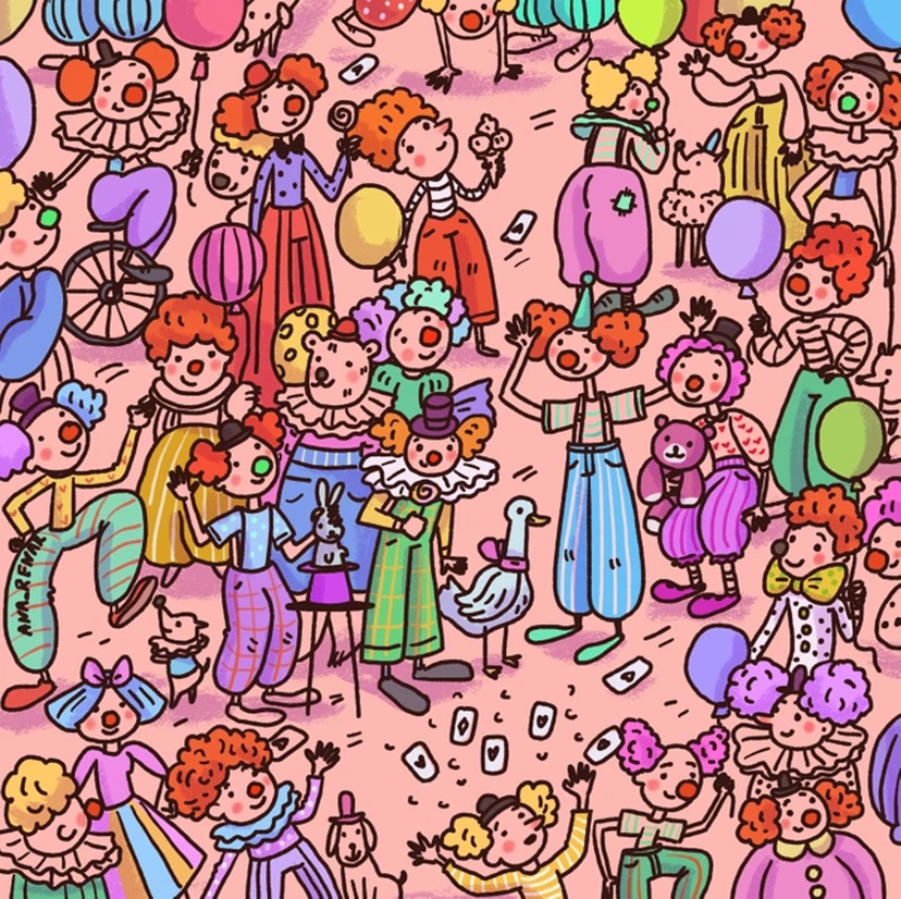 Desafio visual com uma ilustração colorida com diversos palhaços em um cenário de circo animado