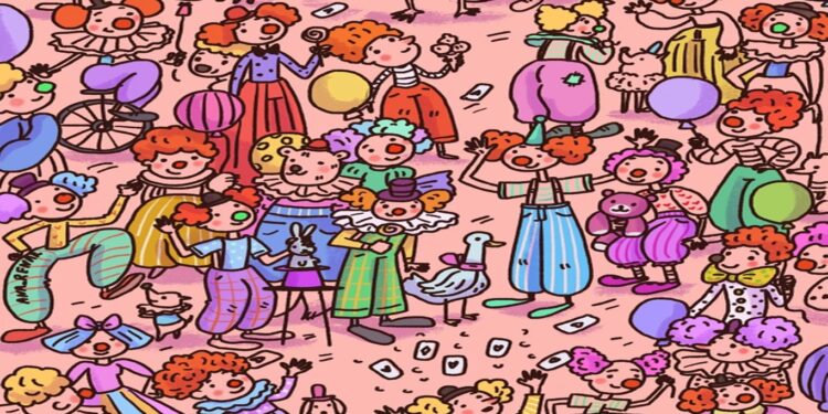 Desafio visual com uma ilustração colorida com diversos palhaços em um cenário de circo animado