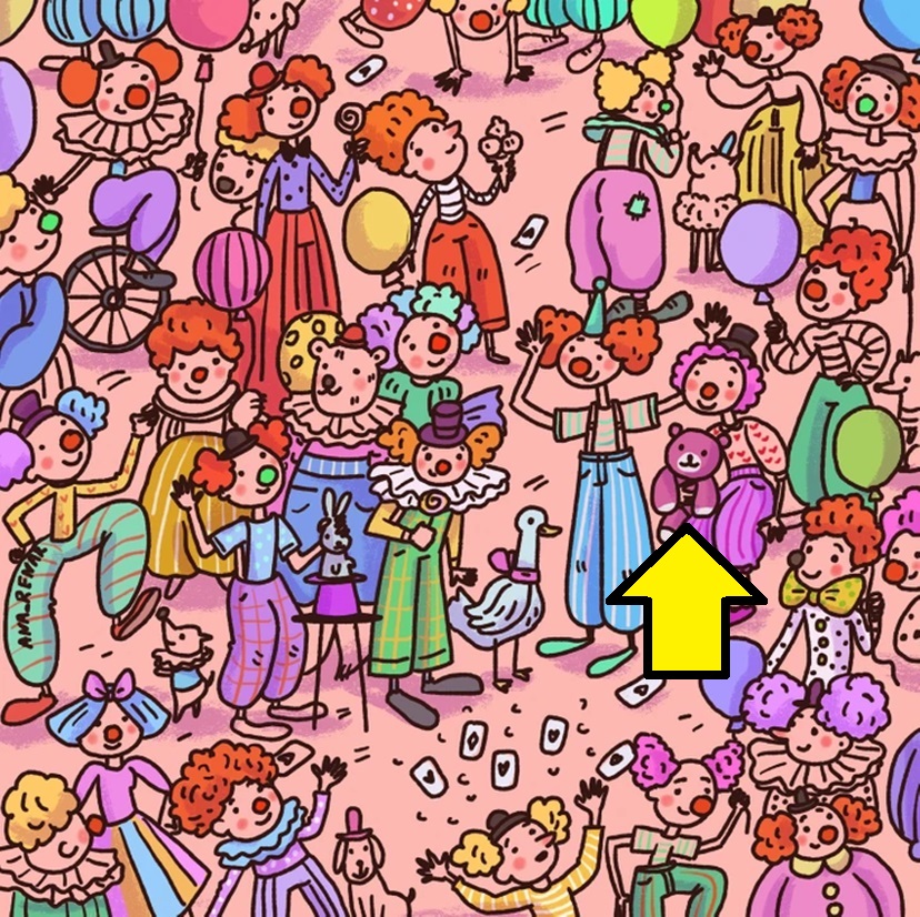 Desafio visual com uma ilustração colorida com diversos palhaços em um cenário de circo animado