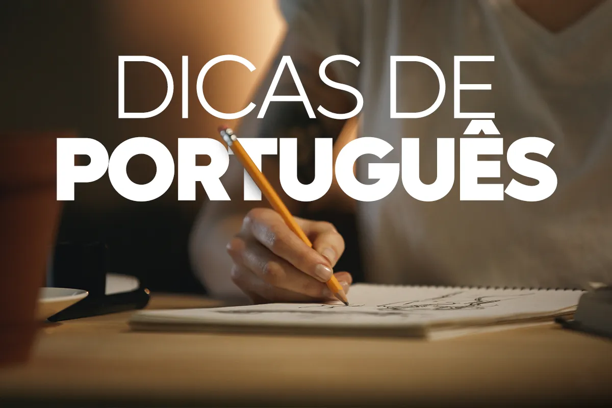 Imagem ilustrativa de dicas de português, com uma pessoa escrevendo em um caderno.
