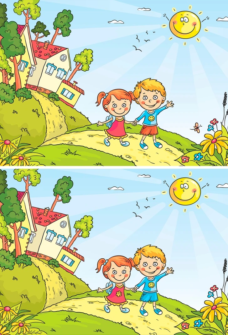 Teste visual com crianças caminhando em um cenário alegre e colorido com diferenças entre duas imagens.